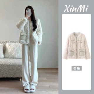 Áo khoác lông thu đông cao cấp cúc vàng cổ tròn có túi cho nữ dày dặn giữ nhiệt tốt