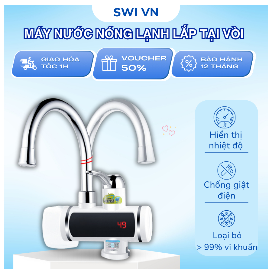 Máy Nước Nóng Lạnh Lắp Đặt Tại Vòi Làm Nóng Trực Tiếp Nhanh, Cảm Biến Chống Giật An Toàn, BH 12tháng