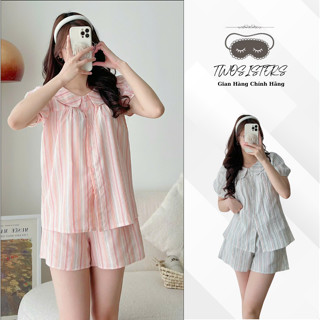 Đồ bộ nữ đồ mặc nhà TWO SISTERS đồ ngủ kẻ sọc set pijama cộc tay chất liệu đũi cổ bánh bèo mặc cực thoáng mát M9