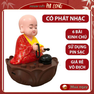 Tượng Phật Chú Tiểu Gật Đầu Gõ Mõ Cao 9,5 Rộng 7 Dài 7 Năng Lượng Ánh Sáng Mặt Trời Trang Trí Taplo Ô Tô Bàn Làm Việc