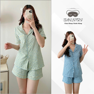 Đồ bộ nữ, đồ ngủ  mặc nhà chất đũi thoáng mát kẻ caro quần đùi áo cộc mặc thoải mái tại nhà M13