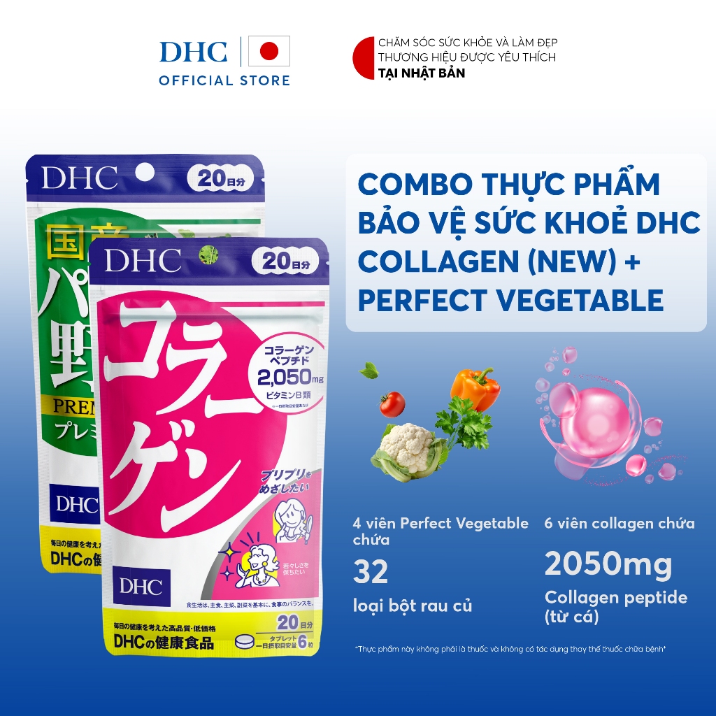 Combo Viên uống DHC Collagen & Bột rau củ hỗ trợ làm đẹp da (20 Ngày) - TPBVSK DHC Collagen (new) & Perfect Vegetable