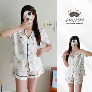 Bộ mặc nhà nữ TWO SISTERS, đồ ngủ cộc tay dễ thương chất liệu đũi thoáng mát họa tiết cute  M8