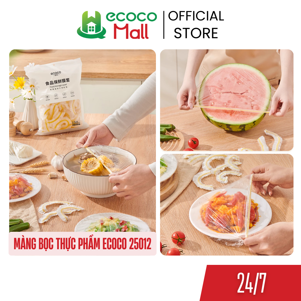Túi 150 màng bọc thực phẩm ECOCO kháng khuẩn chất liệu PE co giãn kèm chun siêu dai thế hệ mới, bảo quản thức ăn 25012