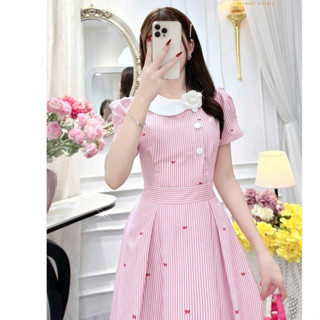 *Đầm thiết kế thời trang nữ dự tiệc chất kate in hoa cổ tròn đính hoa tay ngắn dáng váy xoè dài midi siêu dễ thương