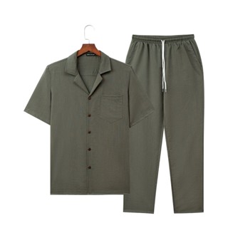 Bộ Đũi Nam Cổ Vest Áo Ngắn Tay Quần Dài Thoáng Mát Nhẹ Thấm Hút Mồ Hôi Kiểu Dáng Sang Trọng Lịch Sự