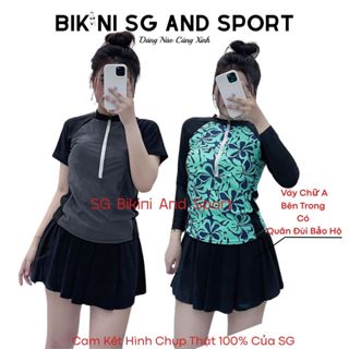   Form Suông big size  Đồ bơi nữ kín đáo váy chữ A kết hợp áo bơi tay dài dây kéo Bikini SG And Sport 