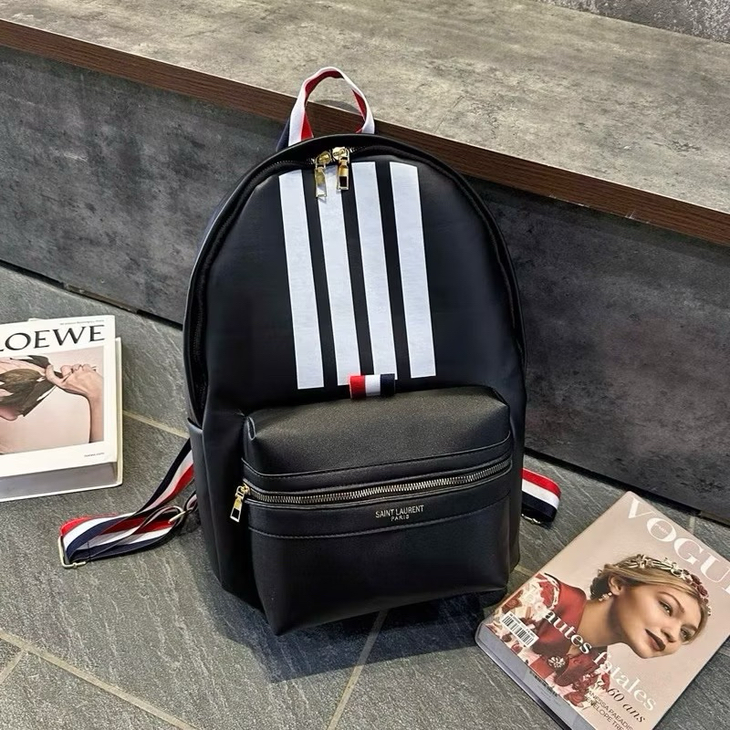 Balo đi học nam nữ TB da Pđen in 4 sọc trắng phối dây sọc xanh trắng đỏ size 40 quai to boy phố BL09