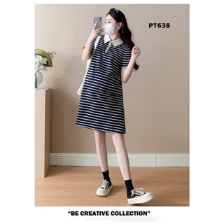 Đầm bầu thun cotton cổ polo kẻ sọc xanh navy, kem, mặc đi chơi, thanh lịch by Đầm Bầu Thỏ -PT638