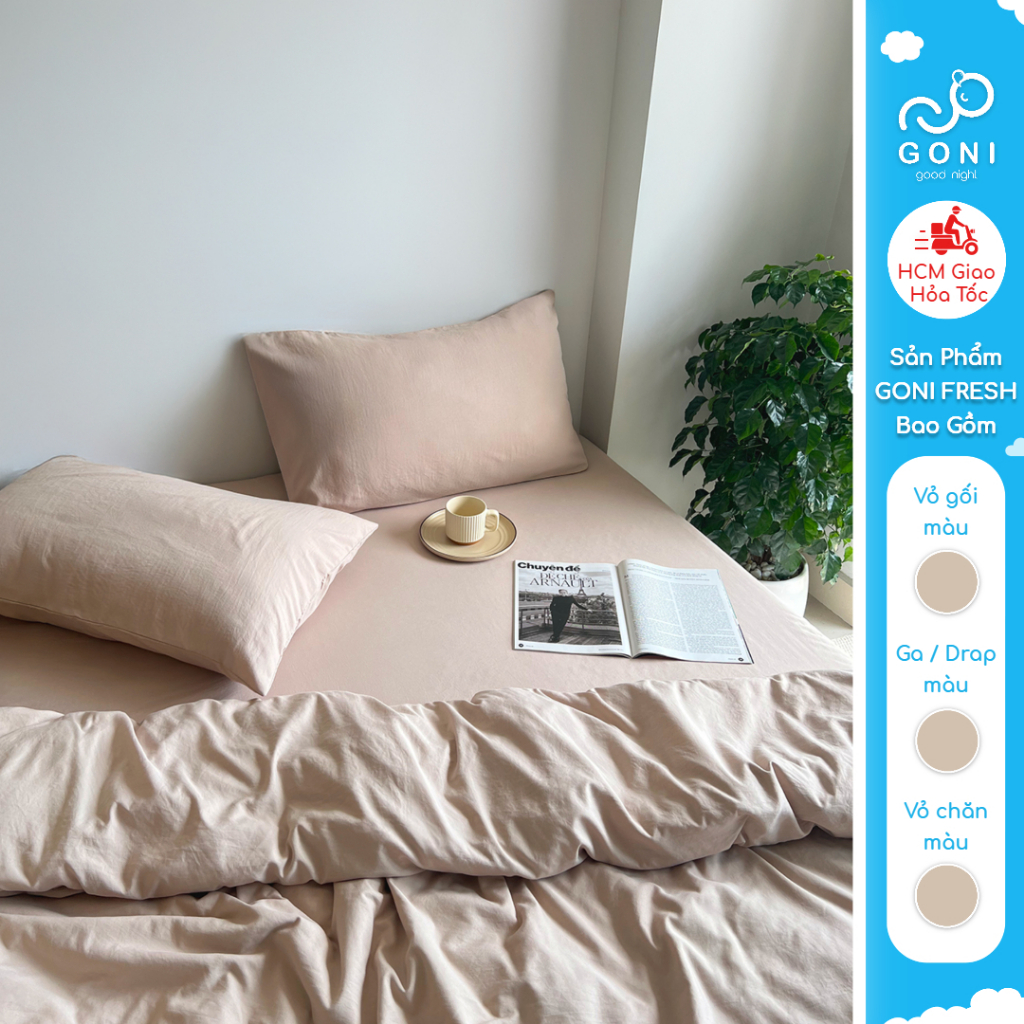 Bộ vỏ chăn mền ga gối GONI FRESH màu Beige Nhăn - Ga drap giường bo chun cao 4-25cm kích thước 1m,1m2,1m4, 1m6, 1m8, 2m2