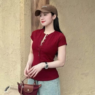 Áo nữ tay ngắn 6 cúc cài hở ngực ôm eo hack dáng A409