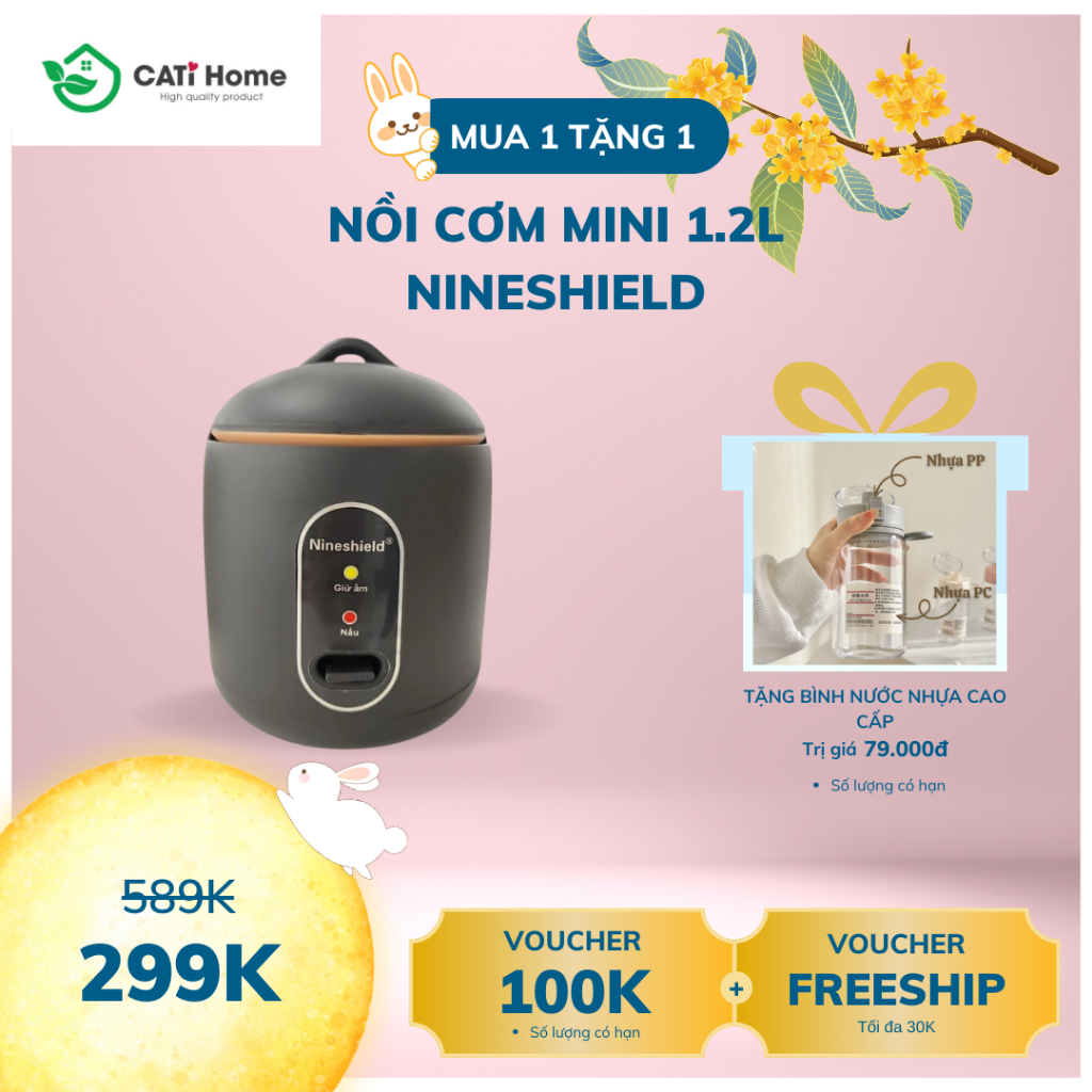 Nồi Cơm Điện Mini Nineshield 1.2L Bảo Hành 12 Tháng Tặng Bình Nhựa Cao Cấp