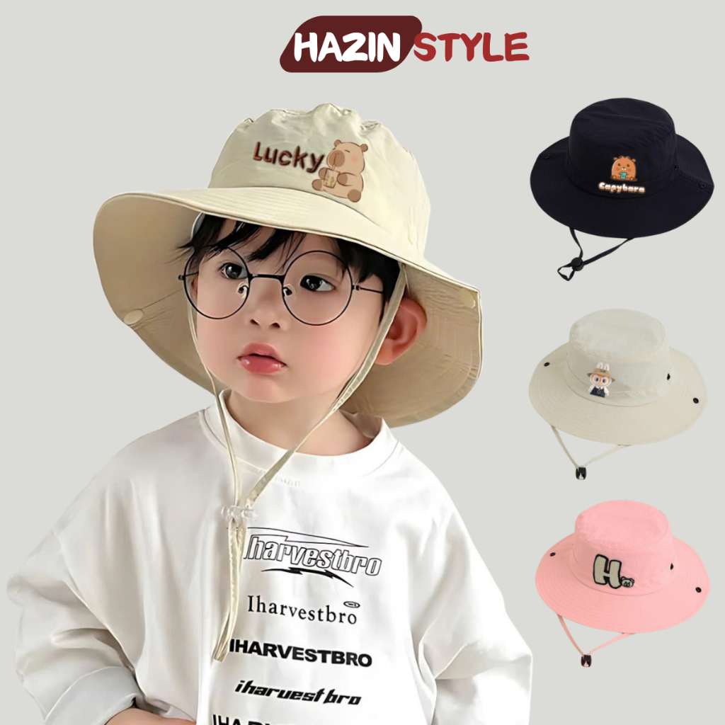 Mũ cao bồi cho bé HAZIN mũ rộng vành thêu chữ, nón tai bèo 2 lớp vải KAKI cho bé trai bé gái từ 3-10 tuổi siêu cá tính