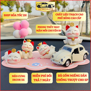 Set 4 Mèo Thần Tài Phong Thủy Cực Xinh Trang Trí Taplo Ô Tô Decor Xe Hơi Hitechlife Chất Liệu Thạch Cao Phủ Bóng Cao Cấp