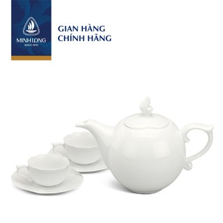 Bộ trà sứ cao cấp minh long 0.7 l - mẫu đơn - trắng