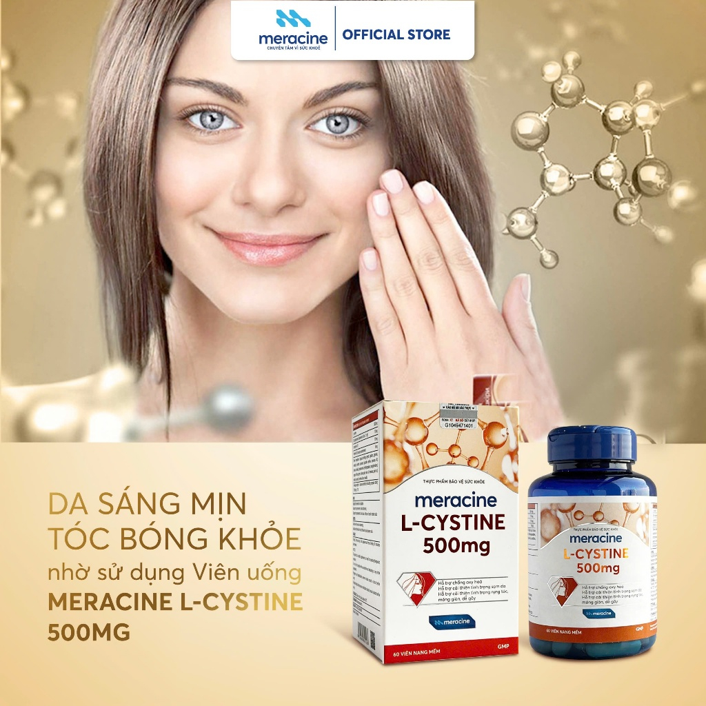 Viên Uống Meracine L-Cystine 500mg Giúp Sáng Da, Hình Thành Collagen, Giảm Mụn, Gảm Rụng Tóc, Giảm Gãy Móng (Lọ 60V)