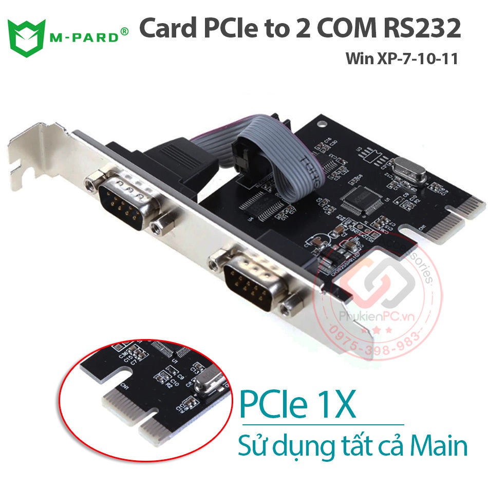 Card mở rộng PCIe to 2 COM Rs232 thương hiệu M-PARD hỗ trợ WIN XP 7 10 11 dùng cho PC lắp ráp, đồng 