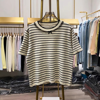 Áo len nữ cổ tròn kẻ ngang đính nơ ren xinh xắn, len mongtoghi mỏng mặc hè free size mã 966