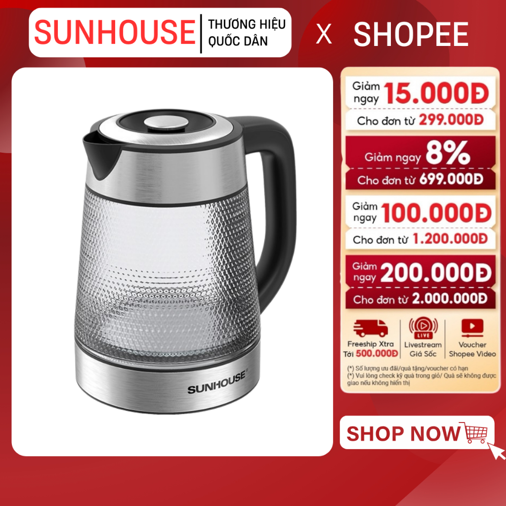 ẤM SIÊU TỐC THỦY TINH SUNHOUSE SHD1220