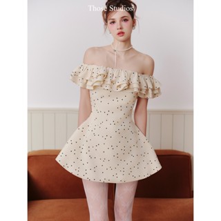 THOSE STUDIOS Đầm chấm bi trễ vai bèo xếp tầng màu kem dịu dàng sang trọng Sienna Dress