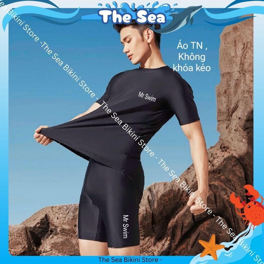 Đồ bơi nam size M - 3XL áo tay dài & tay ngắn có khóa zip kéo bộ đi biển quần đùi 2 lớp nguyên bộ màu đen The sea 044 | BigBuy360 - bigbuy360.vn