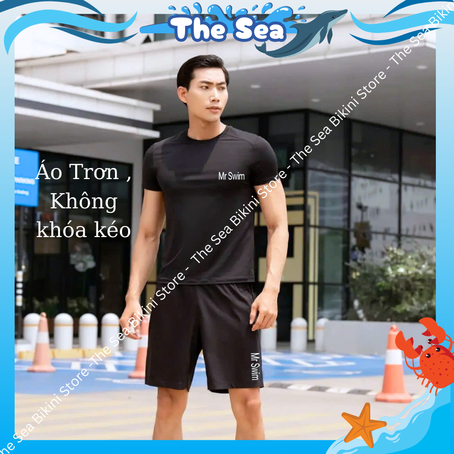 Đồ bơi nam size M - 3XL áo tay dài & tay ngắn có khóa zip kéo bộ đi biển quần đùi 2 lớp nguyên bộ màu đen The sea 044 | BigBuy360 - bigbuy360.vn
