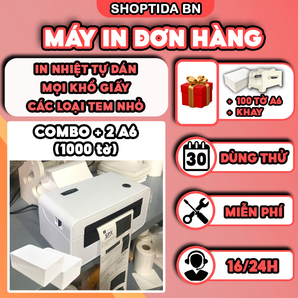  Máy in đơn hàng Shoptida SP46 kèm 1000 giấy in nhiệt 10*15cm decal tự dán in đơn thương mại điện tử bảo hành 12 tháng 
