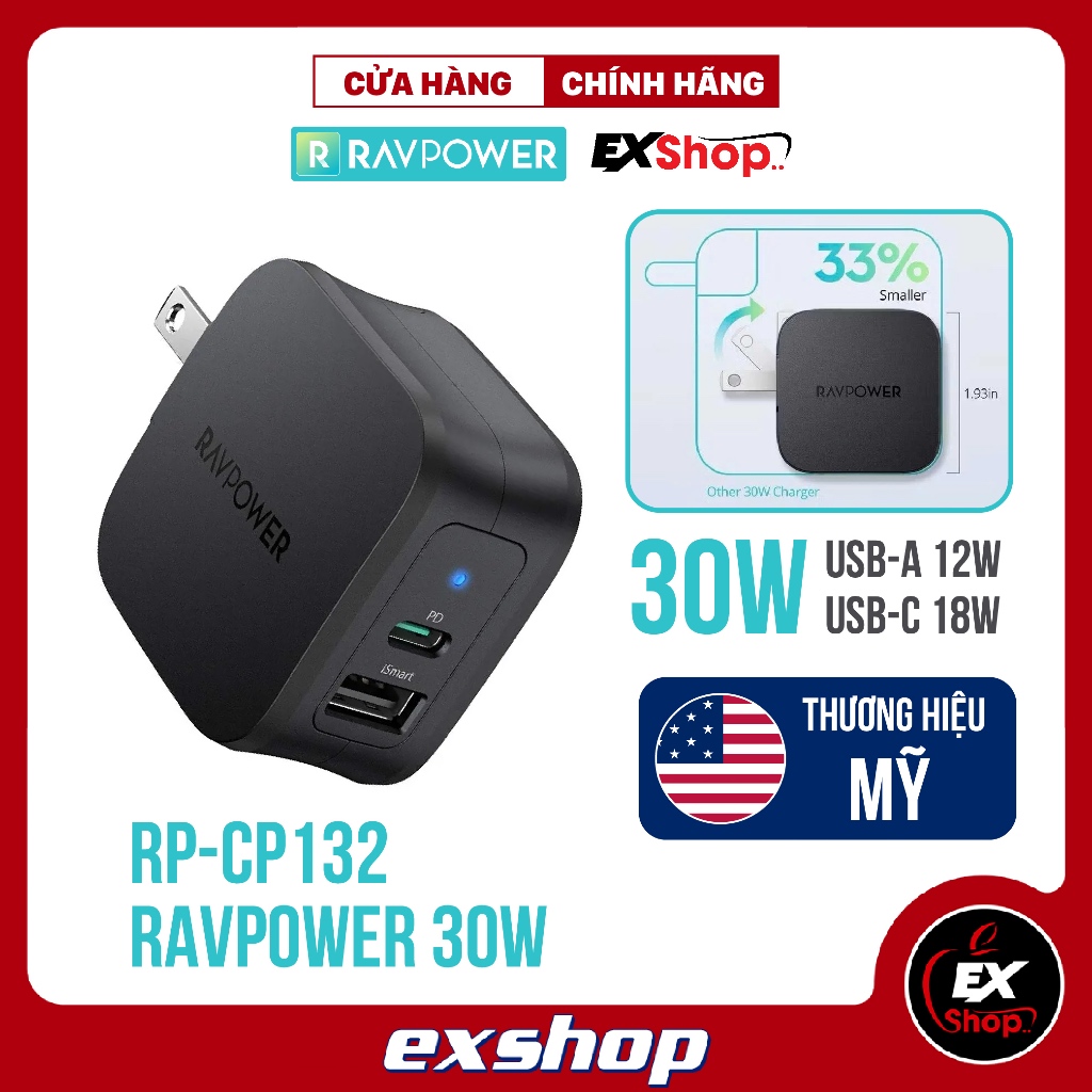 Củ sạc nhanh 30w RAVPower 2 cổng RP- PC132 (Thương hiệu Mỹ )