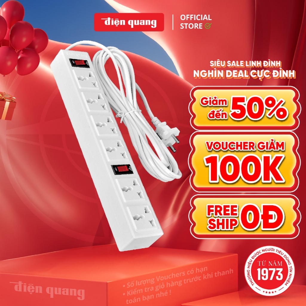 Ổ Cắm Điện Quang ĐQ 003A-04 ( 6 lỗ 3 chấu) Chịu Tải Cao, Tự Ngắt Khi Quá Tải Bảo Hành 12 tháng