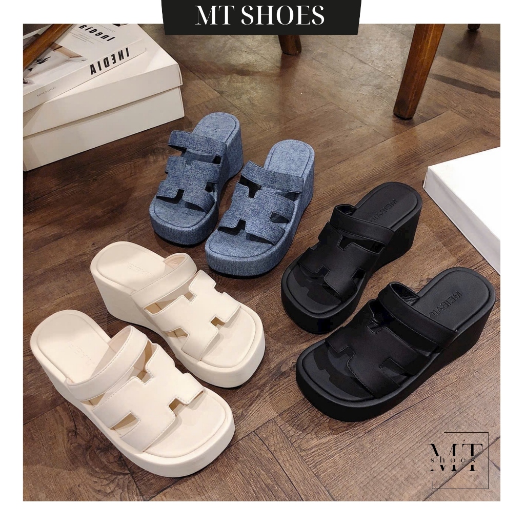 Dép xuồng nữ quai ngang cao 8 phân bản 2 quai thời trang form đẹp tôn chân MT Shoes DN052