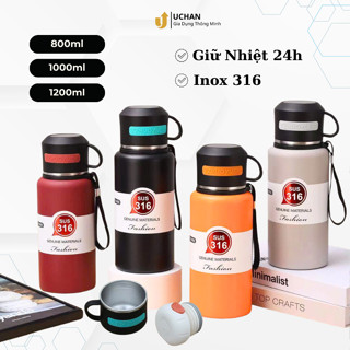  Bình Giữ Nhiệt 1 lít UCHAN Inox 316 Bình Nước Giữ Nhiệt Nóng Lạnh Có Cốc Không Đổ Mồ Hôi BI07 