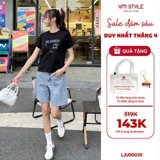 Quần jean ngố nữ VMSTYLE cạp cao, Short jean ống rộng trơn túi thêu nơ, wash eo cao cấp đi học, đi chơi LJU00035
