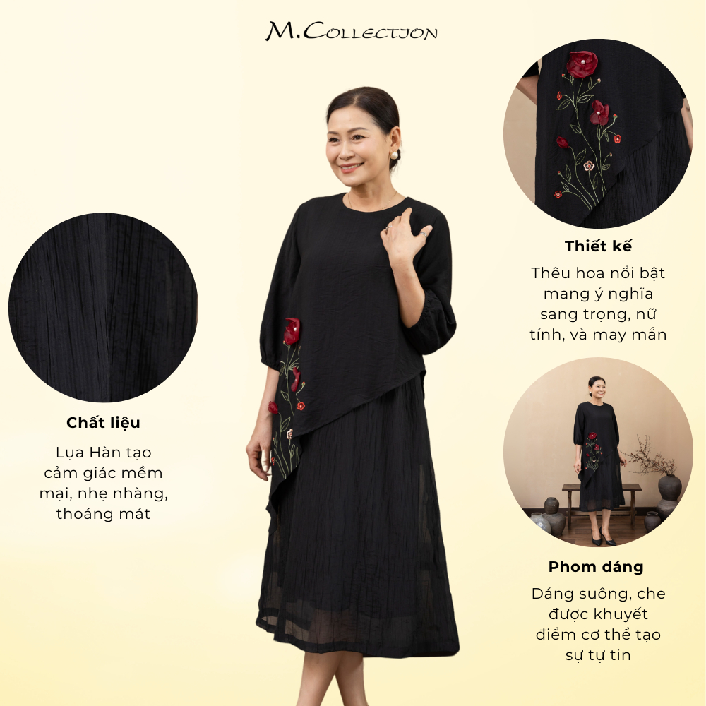 M COLLECTION | Váy Đầm Nữ Trung Niên Tặng Mẹ Phom Suông Lụa Hàn Nhẹ Mặc Thoáng Mát Thêu Hoa D12354 | BigBuy360 - bigbuy360.vn