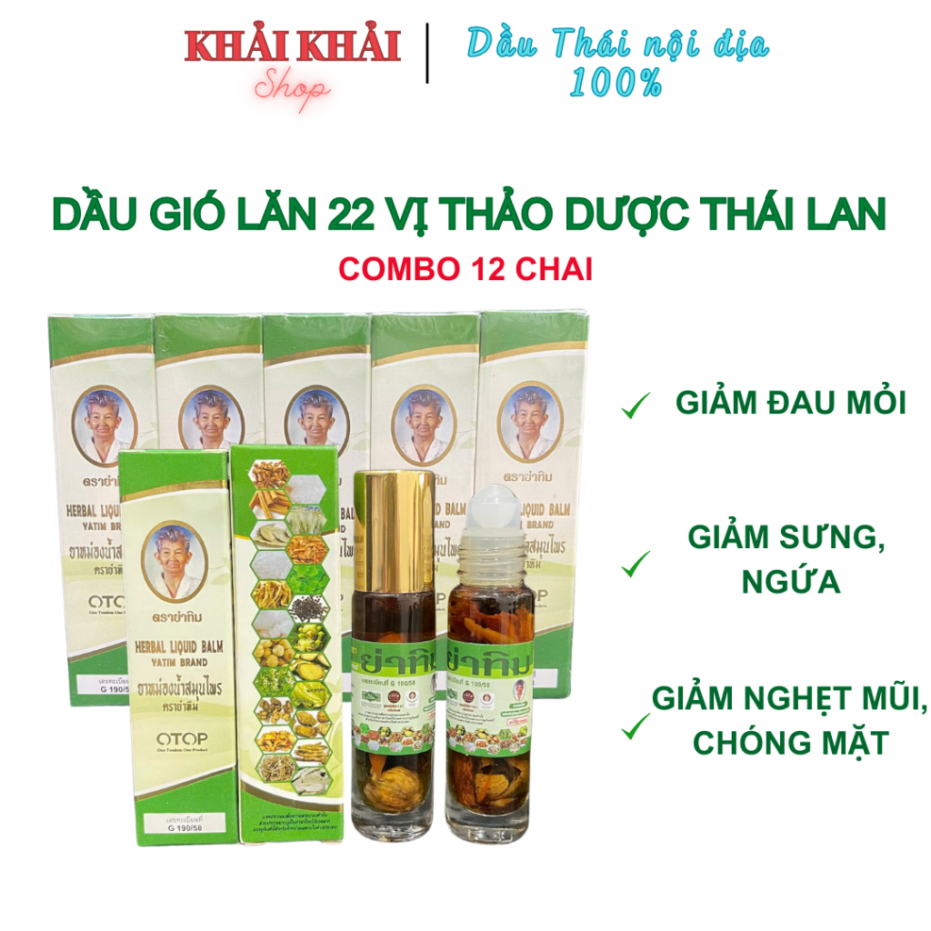 [Combo 12 chai] Dầu lăn 22 vị thảo dược - Herbal 22, dầu gió lăn thảo dược Thái Lan