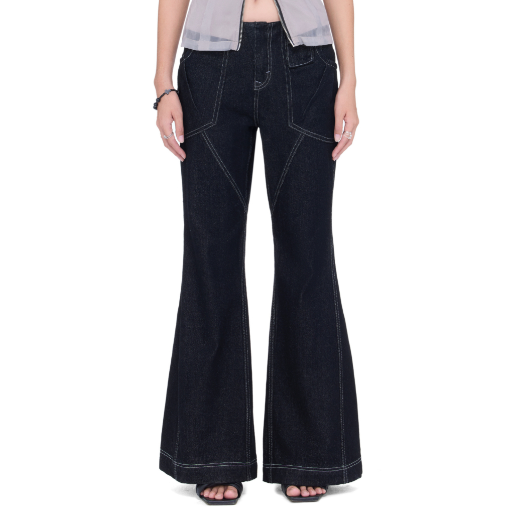  Quần jeans denim dài nữ ống loe chỉ nổi - BEUTER WMNS Grey Wide Flare Raw Denim Jeans 