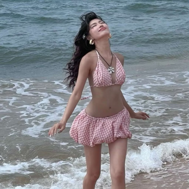 Bikini Cao Cấp set bikini 3 mảnh thiết kể trẻ trung đồ bơi 3 mảnh áo dây buộc kèm mút quần tam giác mix váy bí ngô | BigBuy360 - bigbuy360.vn