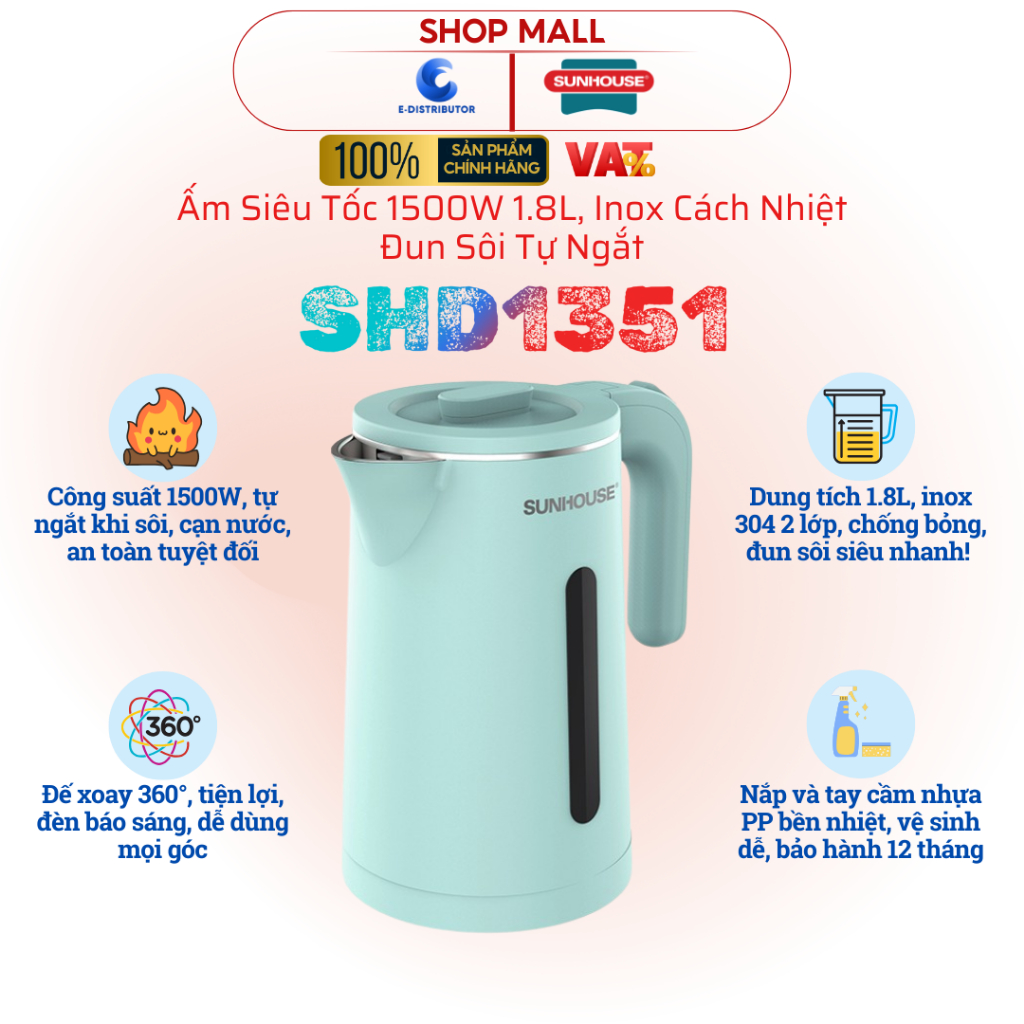 [HỎA TỐC] Ấm siêu tốc Sunhouse SHD1351 - Công suất 1500W - Dung tích 1.8L - Inox 2 Lớp - Hàng chính hãng