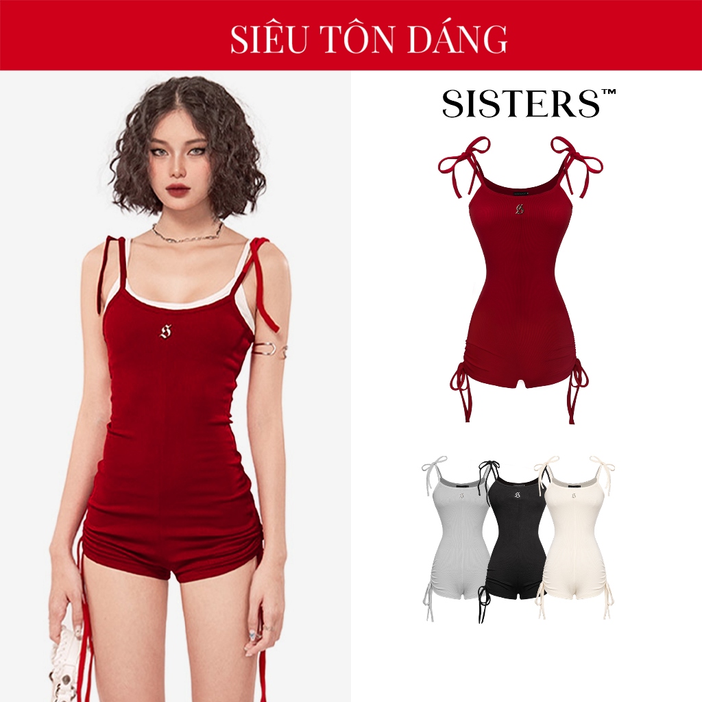 Jumpsuit đùi rút hai dây nữ SISTERS gợi cảm màu đen, đỏ, kem, xám tôn da chất thun gân co dãn Bijou SIS-CLUB | SS4-J3