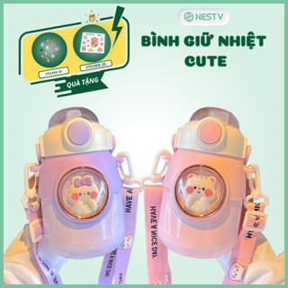 Bình nước giữ nhiệt 650/700ml INOX 316 giữ nhiệt cho bé có ống hút, dây đeo tặng kèm sticker 2D, 3D