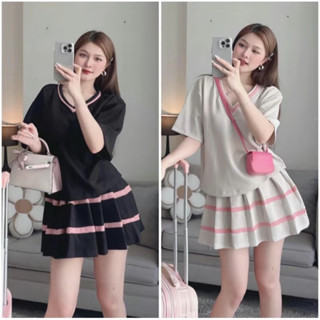 Set Bộ 2 Món Áo Ngựa Thêu Cổ Tim Girl Phố Mix Chân Váy Xếp Ly 2 Lớp Phối Sọc Hồng Style Thể Thao, Hot Teen ( Ảnh Thật )