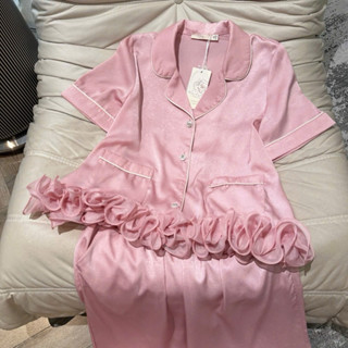 Bộ ngủ mặc nhà pijama  tiểu thư  lụa  lyly tay ngắn Quảng Châu cao cấp viền hồng trơn
