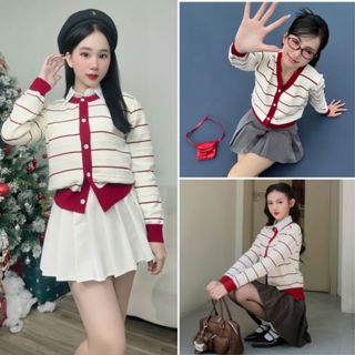 Áo Len Cardigan Dệt Kim Tay Dài Phối Cúc Viền Đỏ Kẻ Ngang Chất Len Lông Thỏ, Labibi