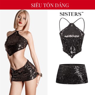 Set đồ nữ áo yếm chân váy ôm kim sa SISTERS thiết kế cột dây hở lưng logo inox màu đen nịnh dáng Sibel | SS-S51