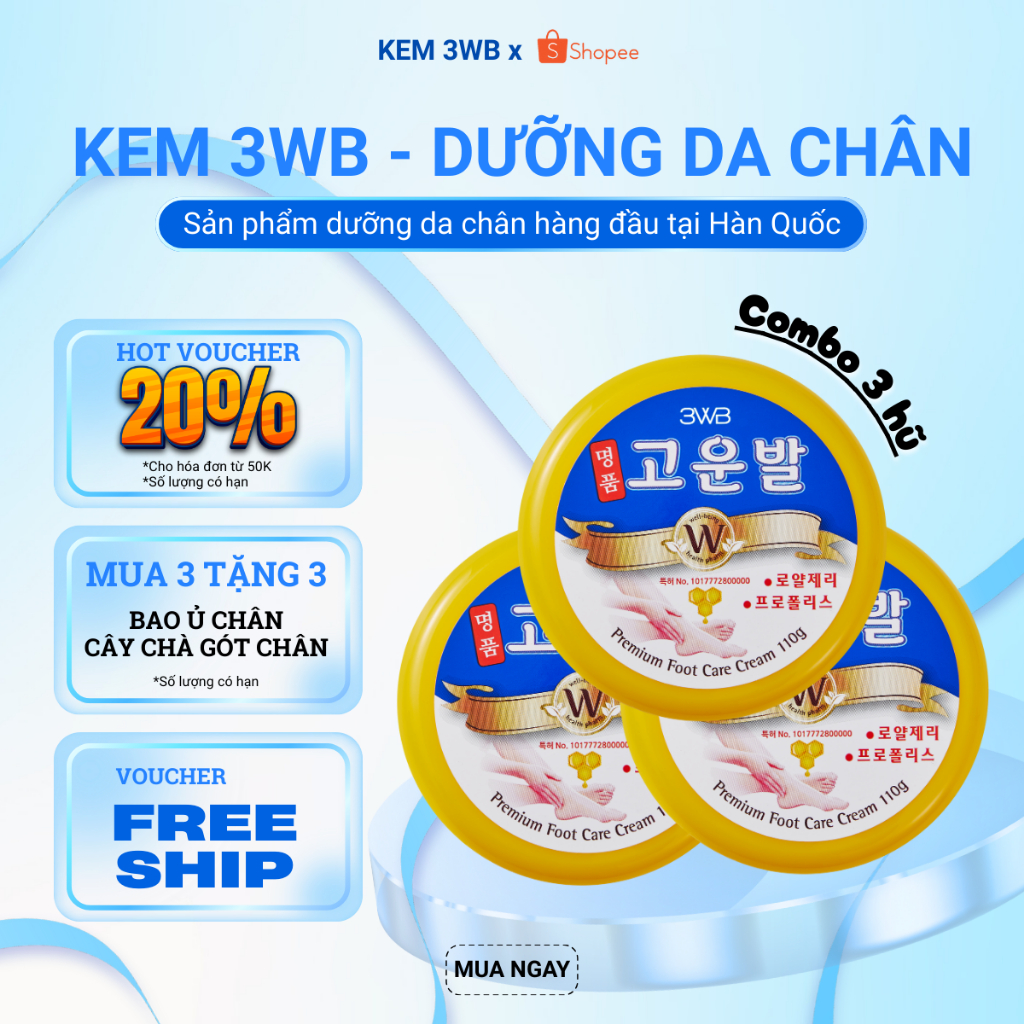Combo 3 Hộp Kem Dưỡng Gót Chân 3WB Chính Hãng Hàn Quốc -  Giải Cứu Gót Chân Khô Nứt Chai Sần Gót, Dư