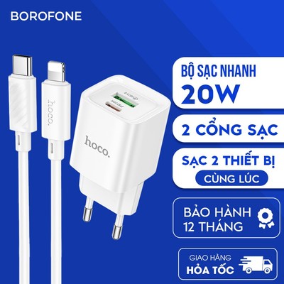 Bộ sạc nhanh 20W Hoco C147A gồm củ sạc 2 cổng USB + TypeC và dây cáp 20W TypeC to LN