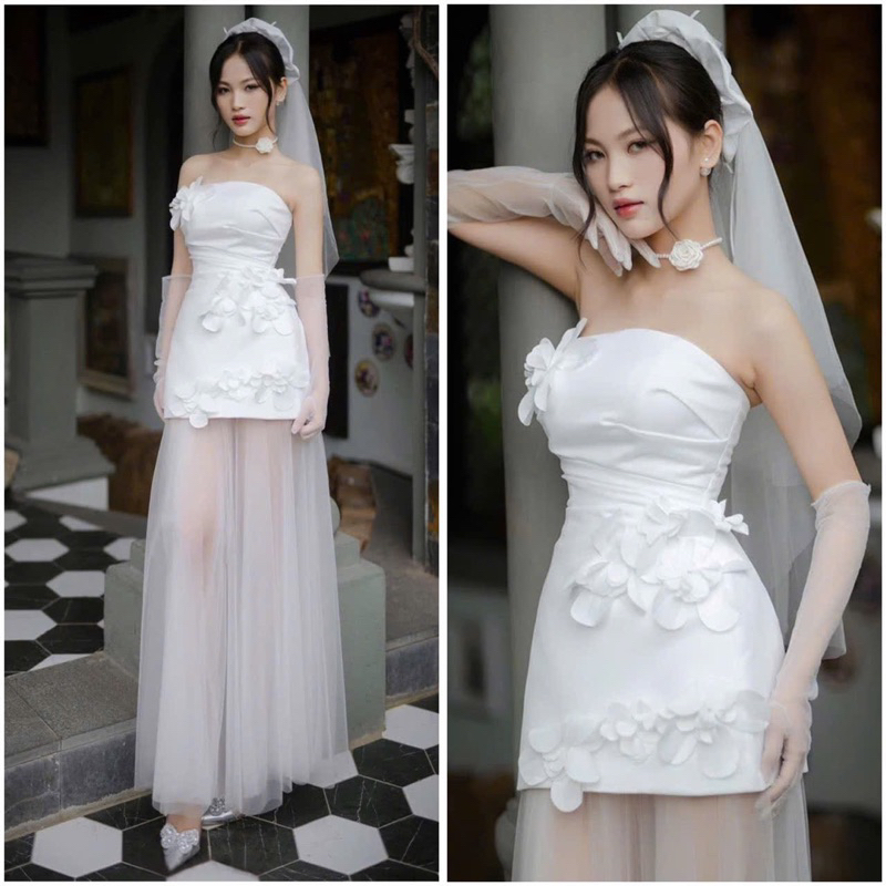 Váy Cưới Body Cup Ngực Đính Hoa Phối Tùng Luới Cho Cô Dâu Dự Tiệc Cưới Size SML V945 AĐ BOUTIQUE