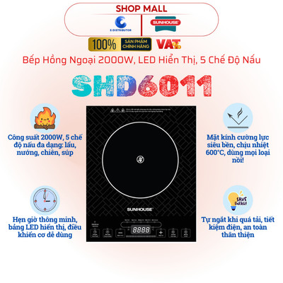 [HỎA TỐC] Bếp hồng ngoại SUNHOUSE SHD6011 - Công suất 2000W - Mặt kính chịu nhiệt 600°C