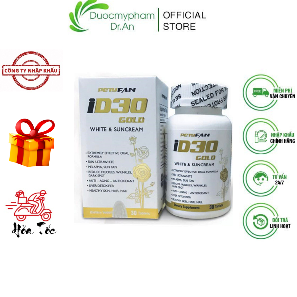 Viên Uống ID30 Trắng Sáng Da PETYFAN ID 30 Gold White & Suncream Chống Nắng Giảm Nám Chống Lão Hóa - Hộp 30Viên