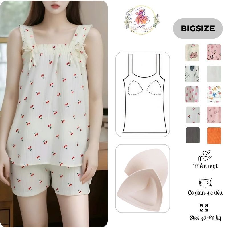 Bộ đồ nữ Bigsize Bảo Thanh Boutique 2 dây bản to, chất liệu đũi mềm mát, họa tiết dễ thương