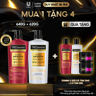 [Diện mạo mới] Combo Dầu Gội, Dầu Xả TRESemmé Keratin Smooth Keratinbond+ Cho Tóc Khô Xơ Rối Vào Nếp Suôn Mượt 640g,620g